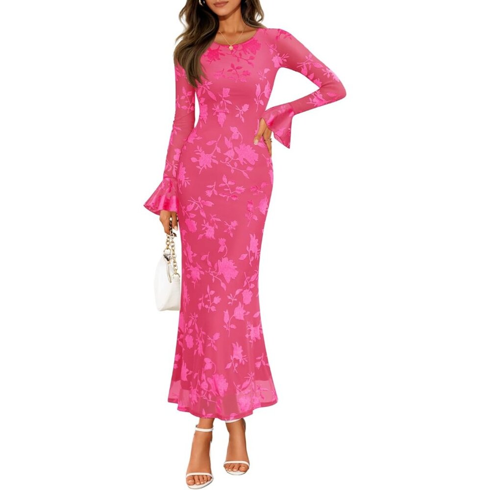 Women's Pink Bell Long Sleeve Floral Maxi Dress Spring Fashion Bodycon Mesh
